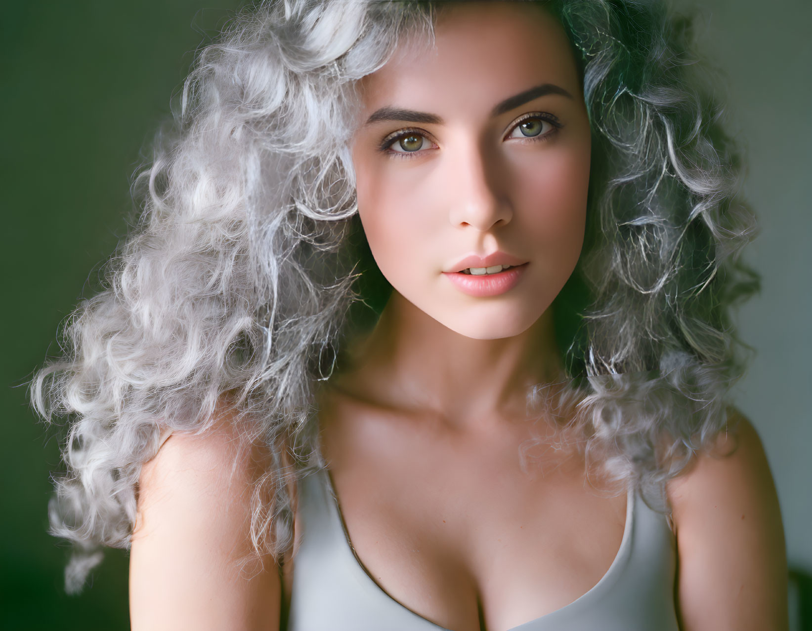 Gray-Haired Woman in Tank Top with Striking Features