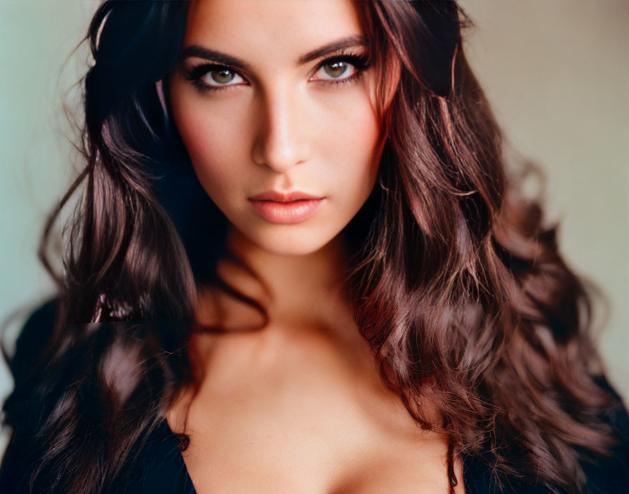 Long Wavy Hair Woman with Intense Gaze and Vibrant Eyes