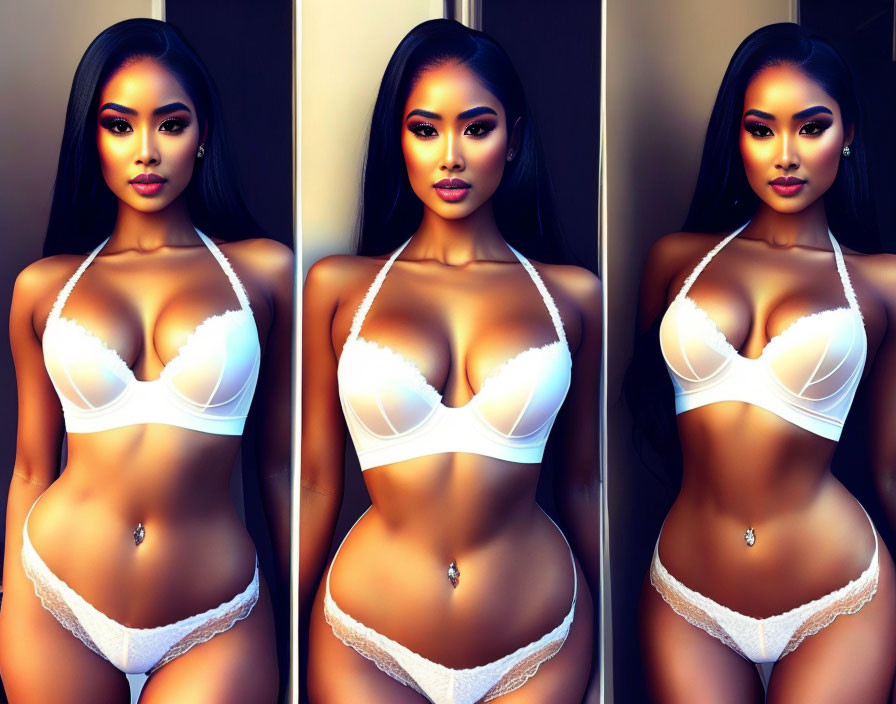 Woman in white lingerie: Three poses with different lighting and contrast