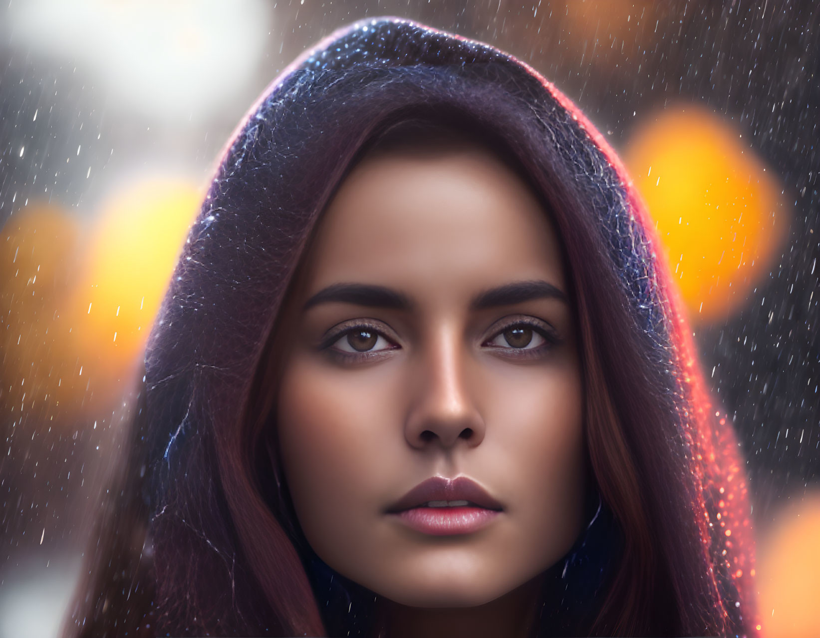 Hooded woman with intense gaze, bokeh lights, and raindrops.