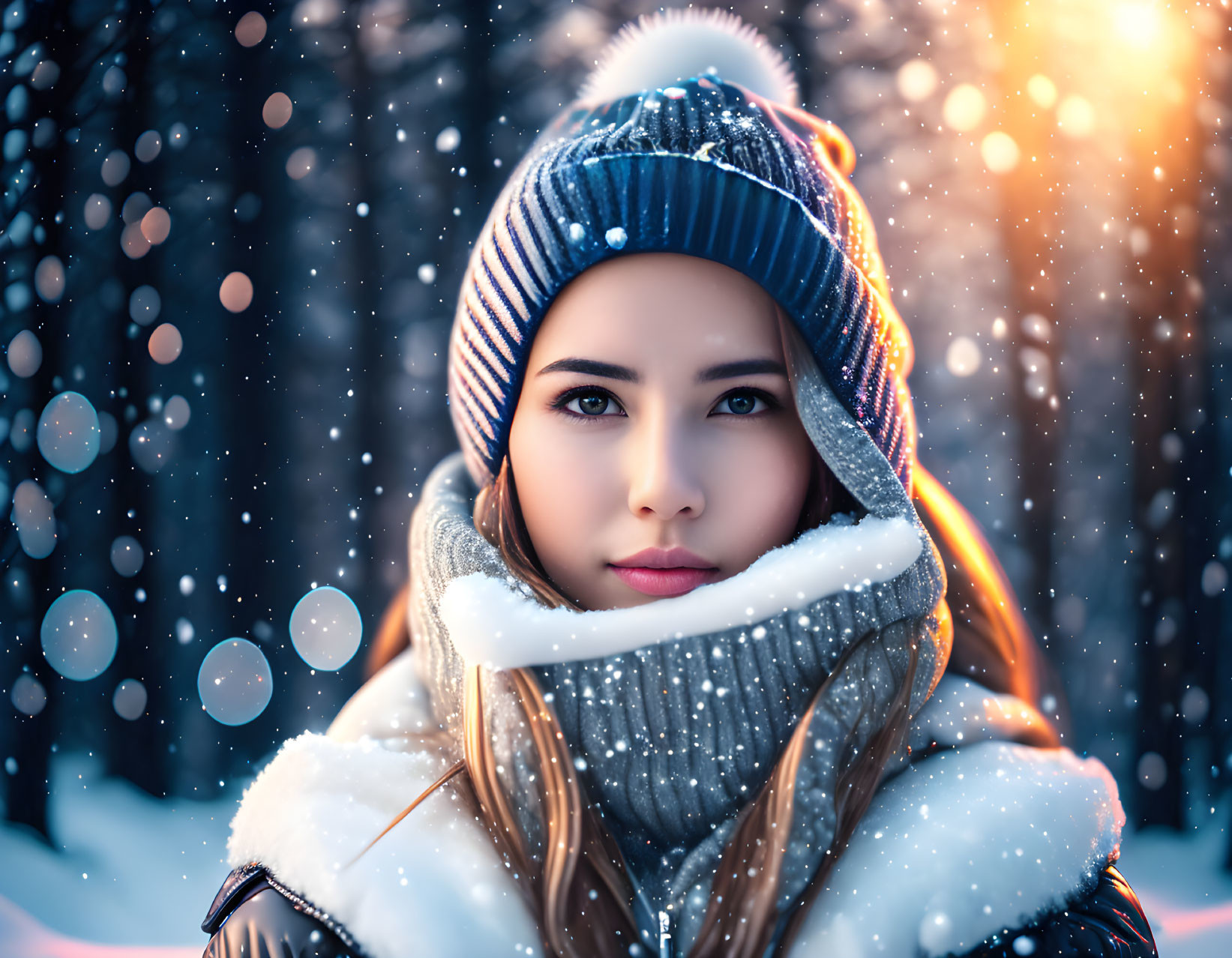 Person in Winter Attire Surrounded by Snowflakes in Snowy Forest