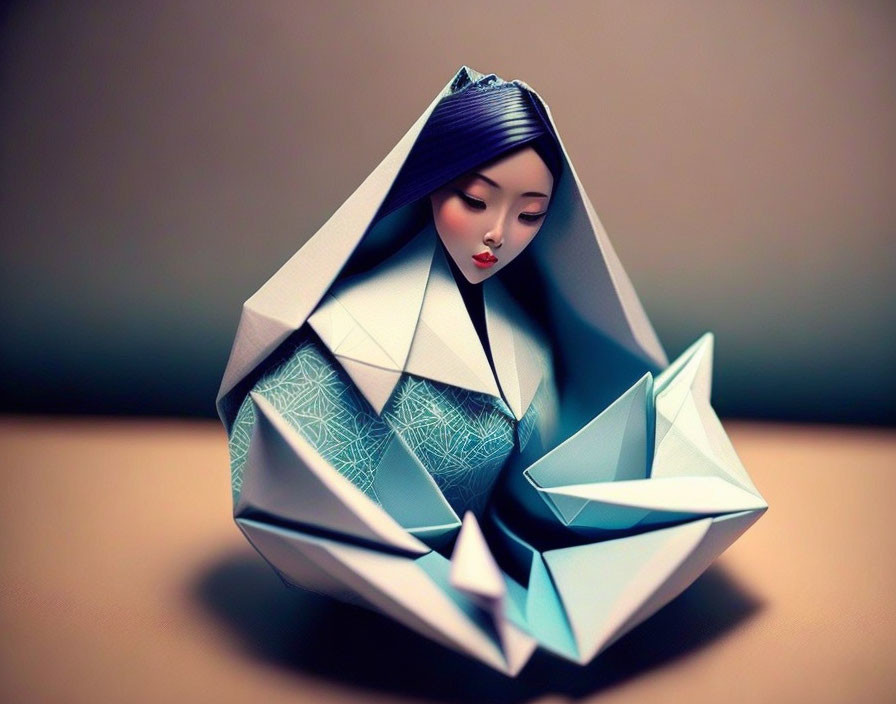 Blue and White Origami-Inspired Female Figure Art in Serene Mood