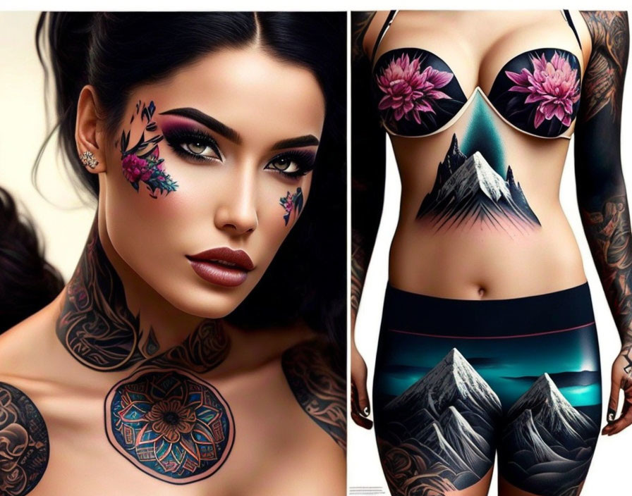 Split image of two tattooed women: one with facial tattoos and nature-themed eye makeup, the other