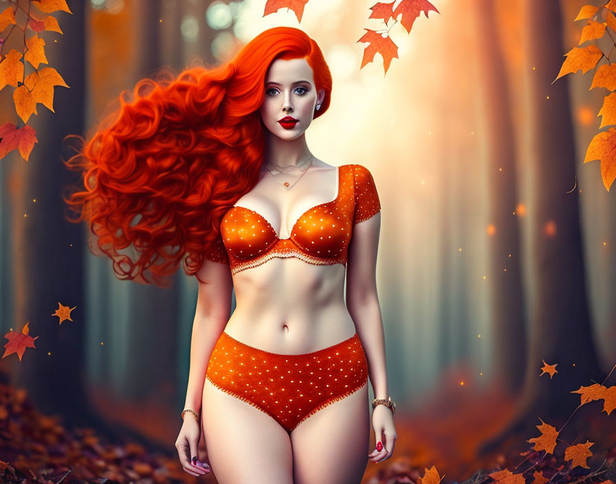 Red-haired woman in orange lingerie surrounded by autumn leaves and trees.