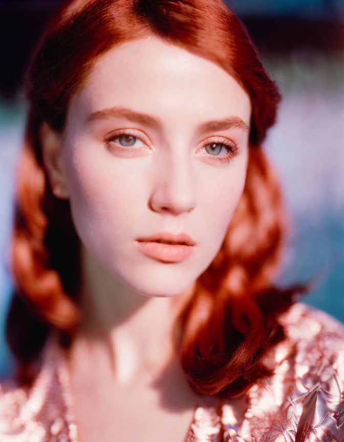 Portrait of woman with red braided hair, blue eyes, metallic attire, soft background