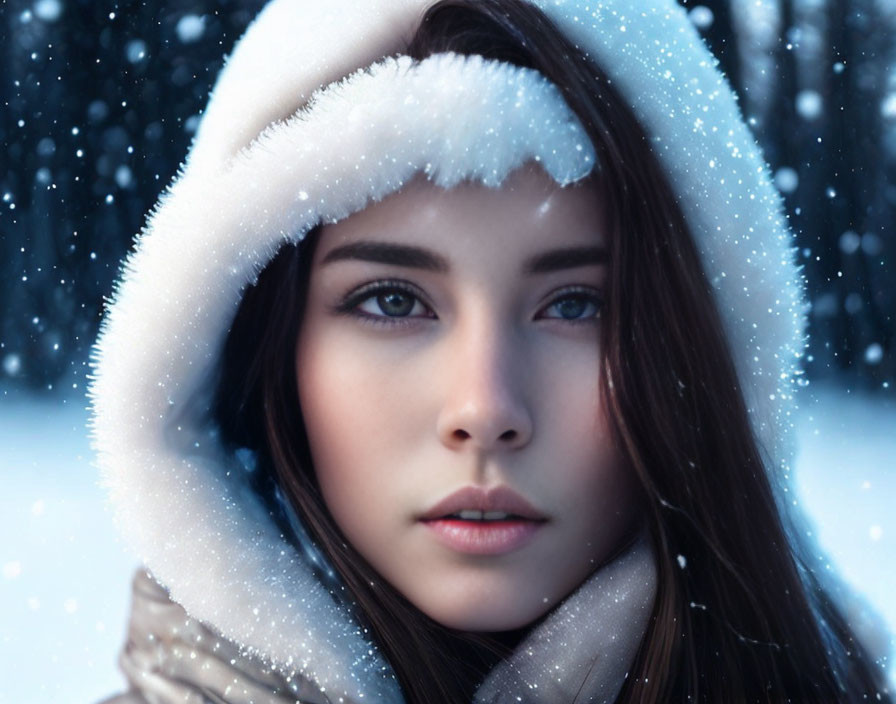 Dark-Haired Woman in Snowy Hood with Winter Background