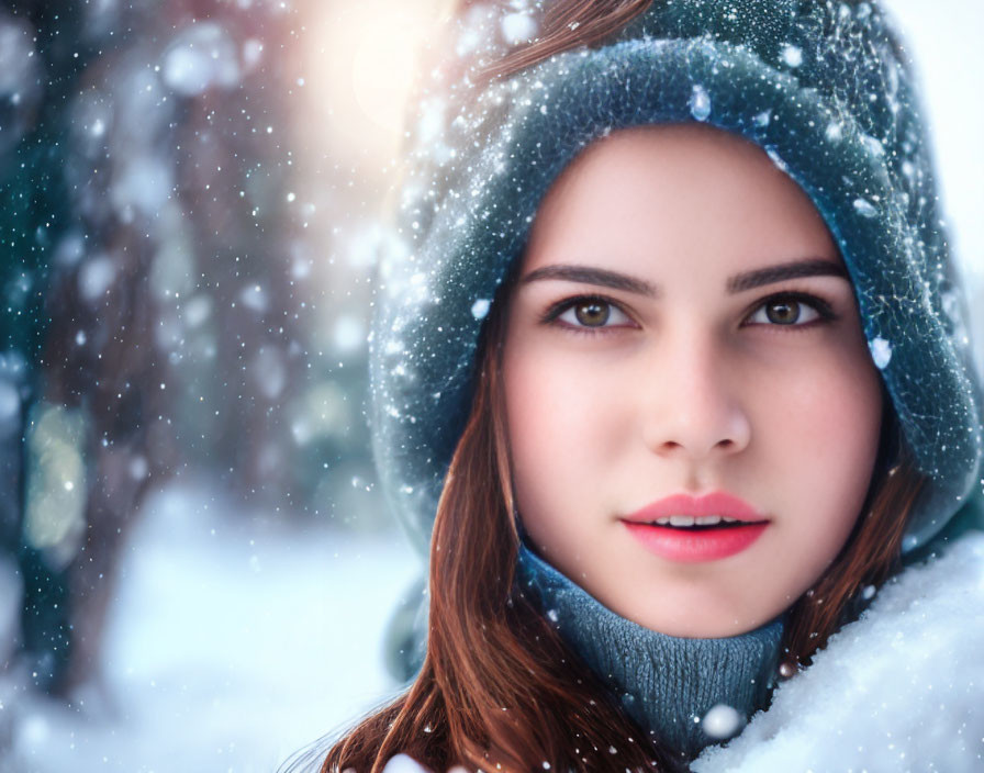 Woman in Winter Clothing Surrounded by Falling Snowflakes