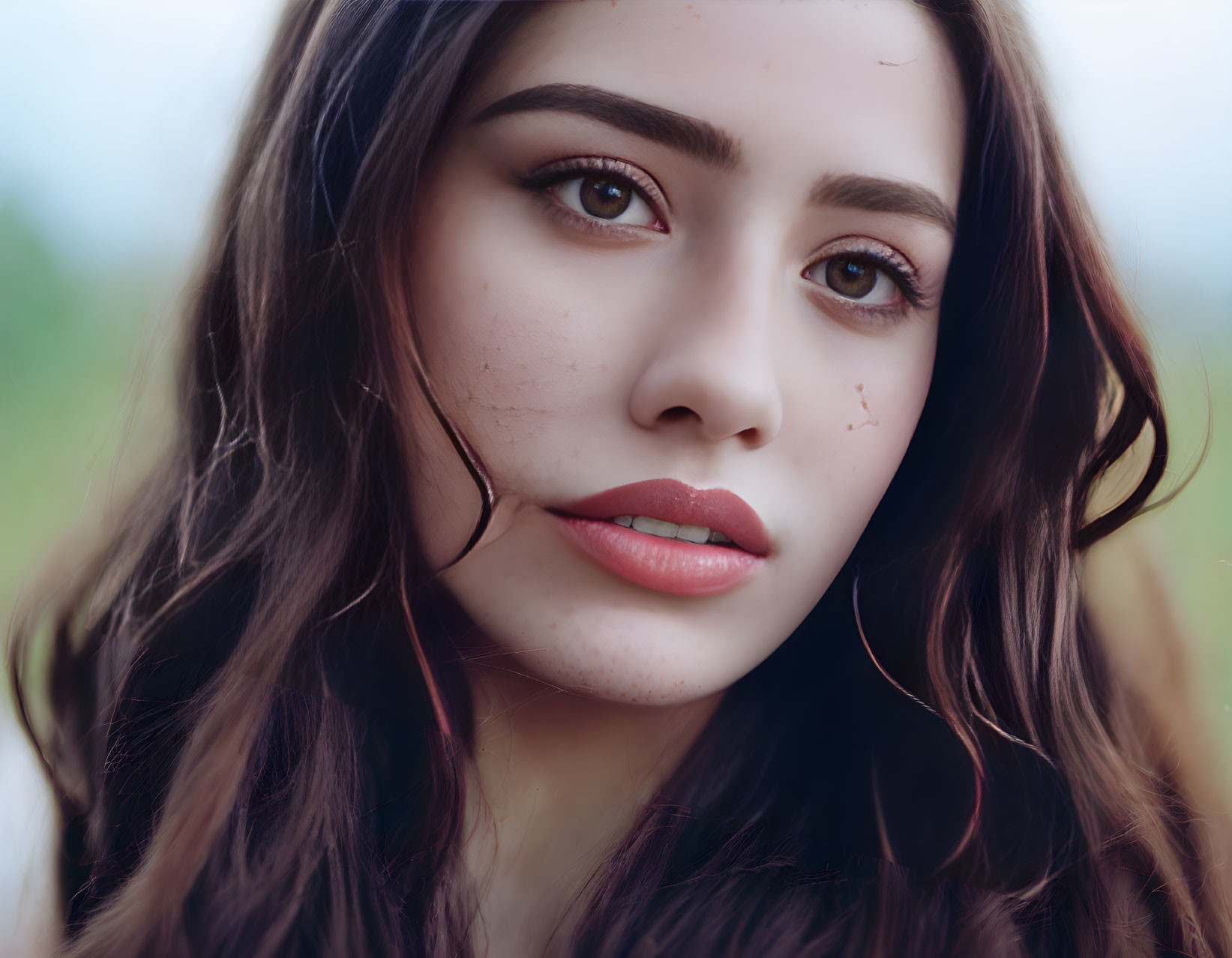 Young woman with long dark wavy hair and brown eyes in close-up portrait.