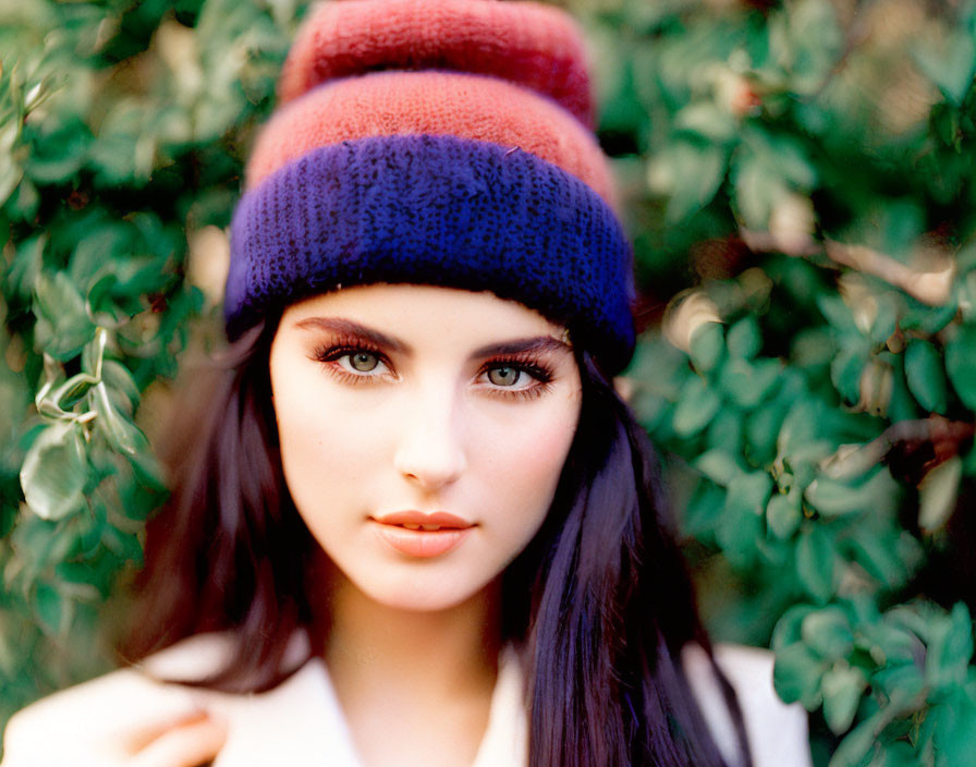 Person wearing multicolored knitted beanie against green leafy background