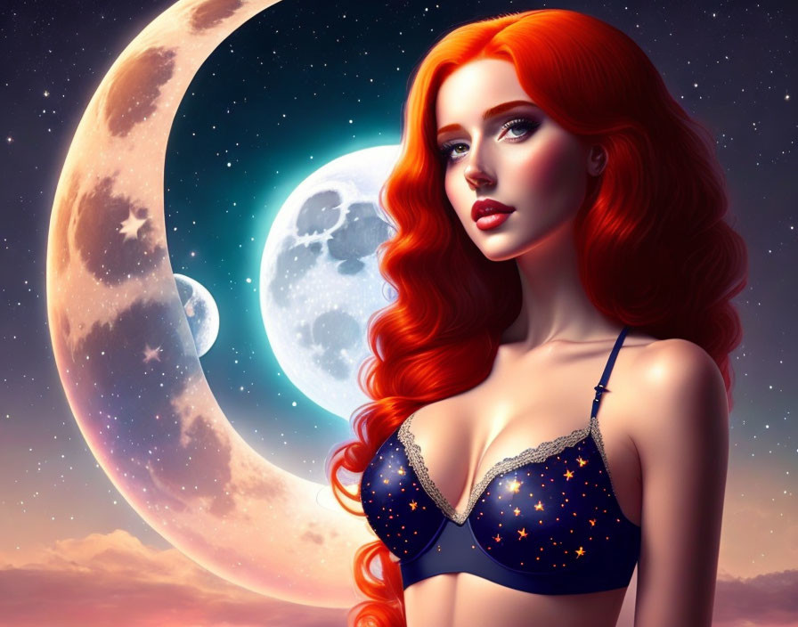 Red-haired woman in cosmic fantasy artwork with crescent and full moon.