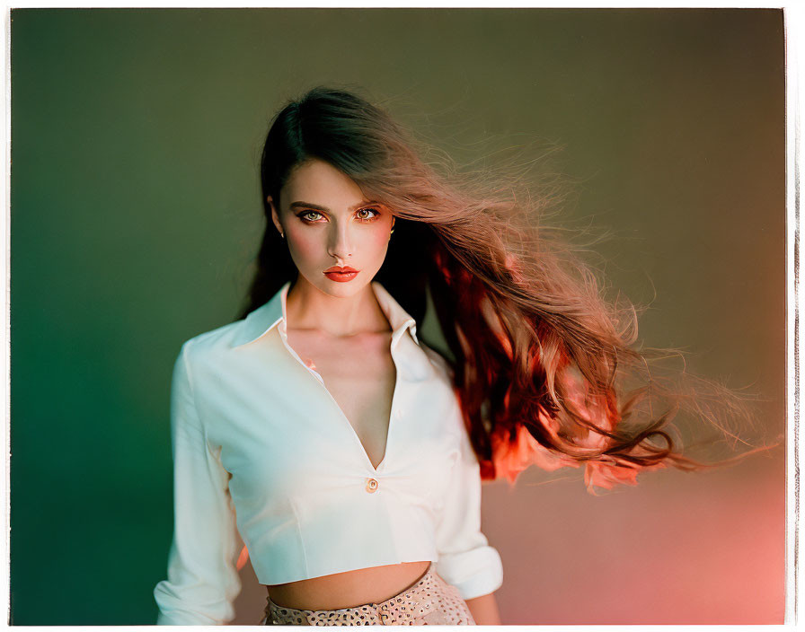 Flowing Hair Woman in White Blouse on Multicolored Background