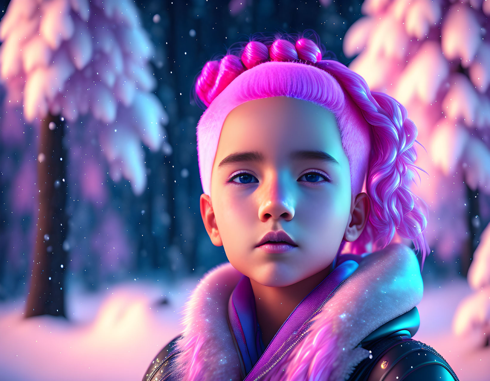 Child with Pink Hair in Futuristic Clothing Contemplates Snowy Twilight Forest