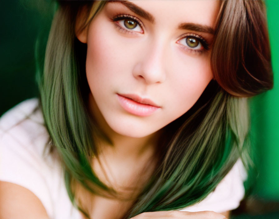 Brown-eyed woman with ombré hair in close-up shot against green background