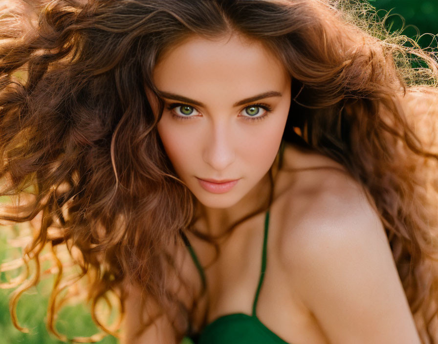 Curly Haired Woman in Green Top with Green Eyes Outdoors