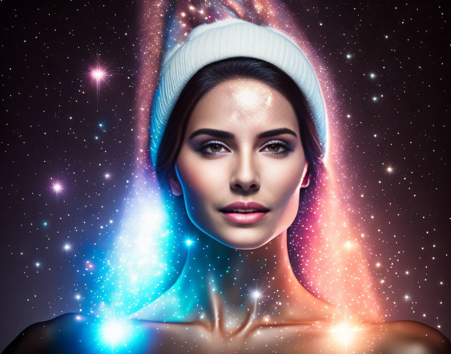 Cosmic-themed woman in white beanie blends with starry space background