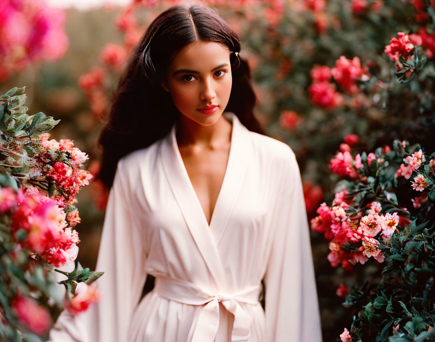 Woman in white dress surrounded by vibrant pink flowers and dark hair.