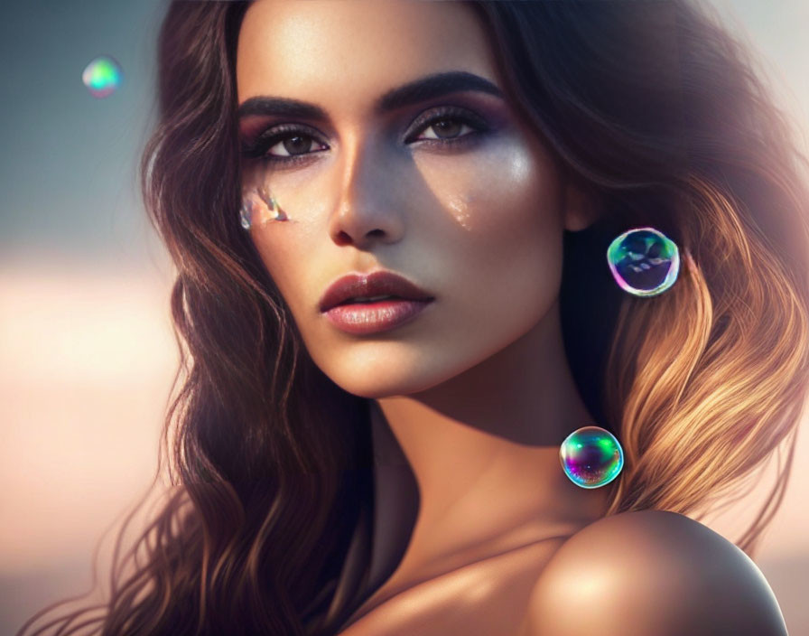 Brown-haired woman with striking makeup surrounded by soap bubbles on soft-focus background