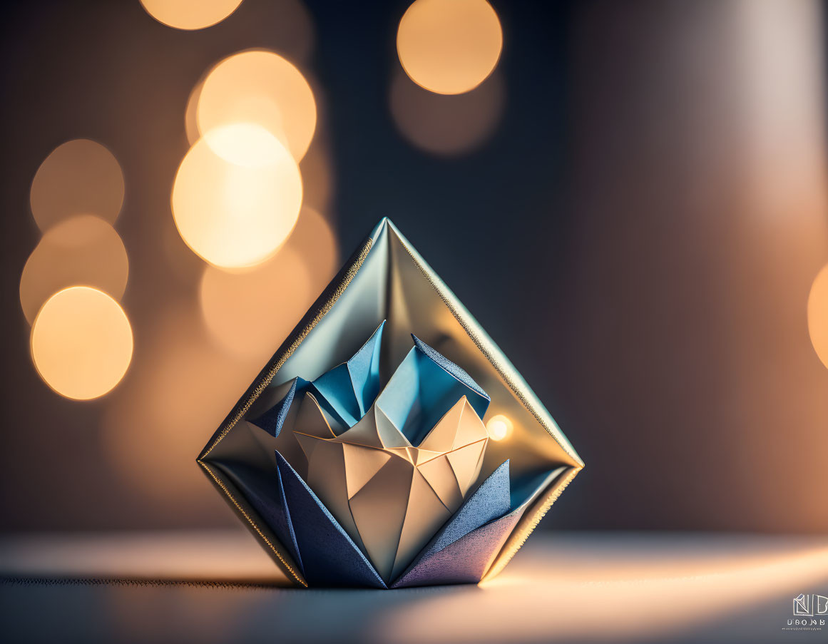 Geometric paper art sculpture resembling crystal with intricate folds on bokeh light backdrop