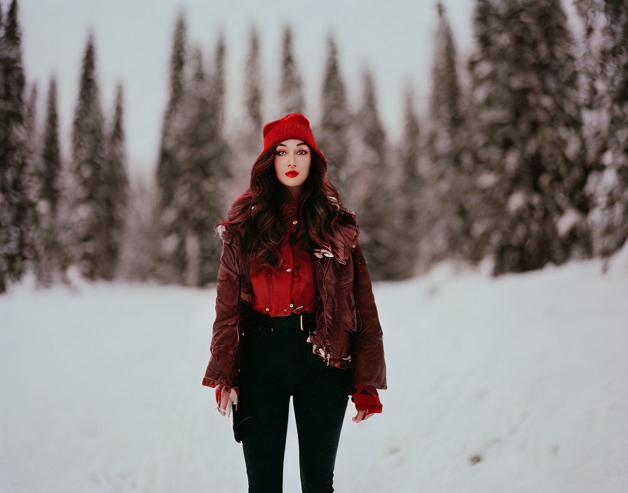 Person in red beret and brown jacket in snowy pine tree landscape