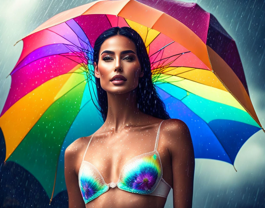 Woman with multicolored umbrella in rain with droplets on skin and peacock feather design.