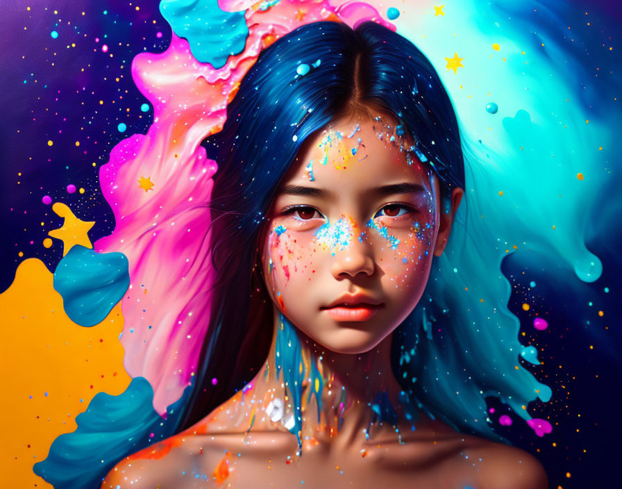 Colorful paint splashes and stars on girl's face with cosmic background