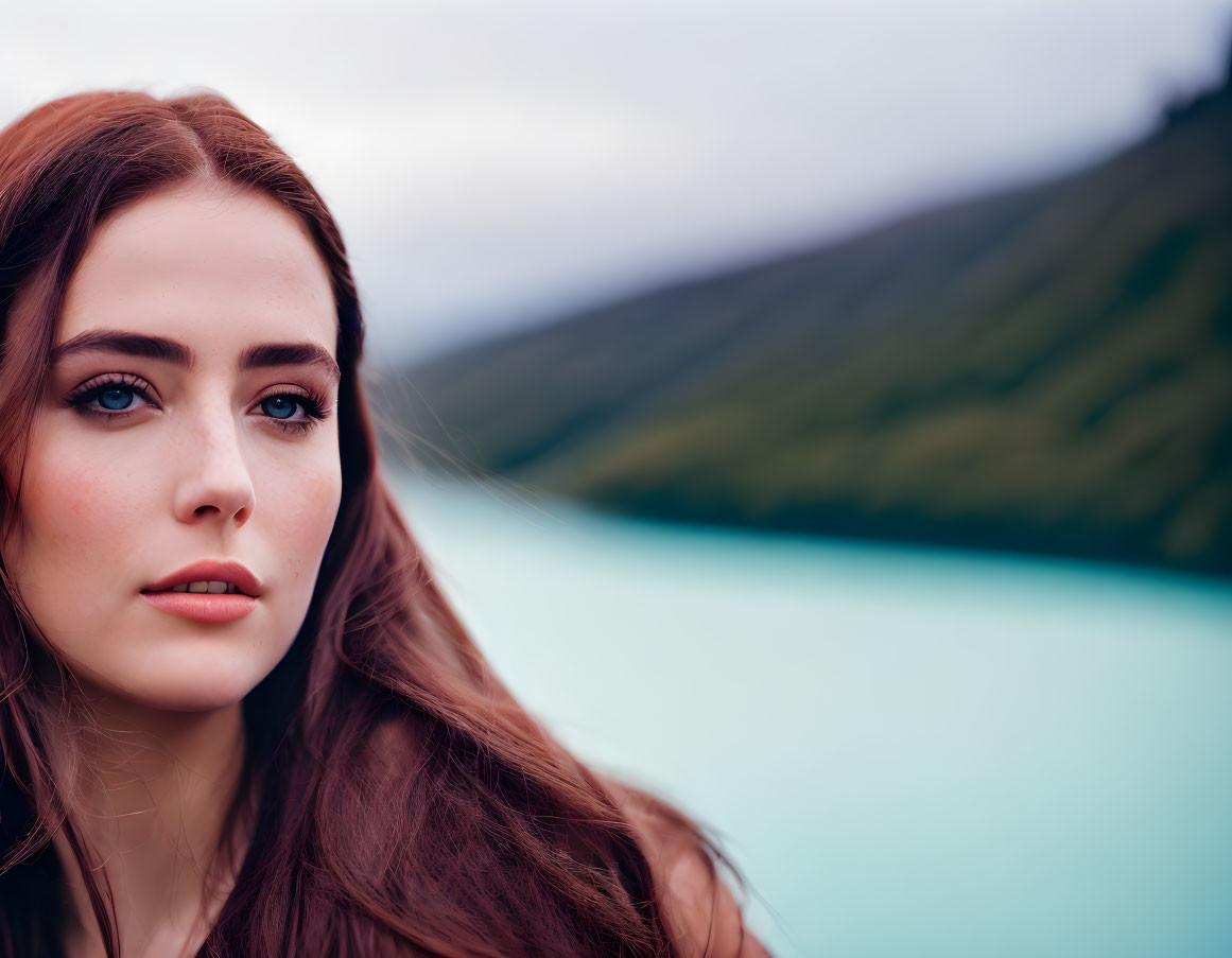 Young woman with long brown hair and blue eyes in front of turquoise lake and green hills