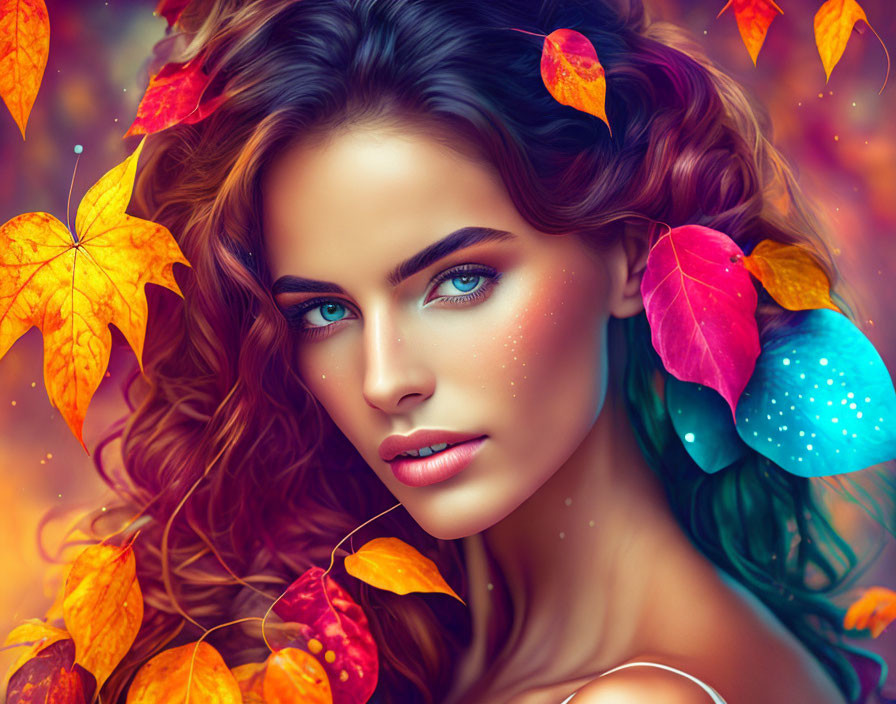 Digital artwork: Woman with vibrant blue eyes in autumn leaves