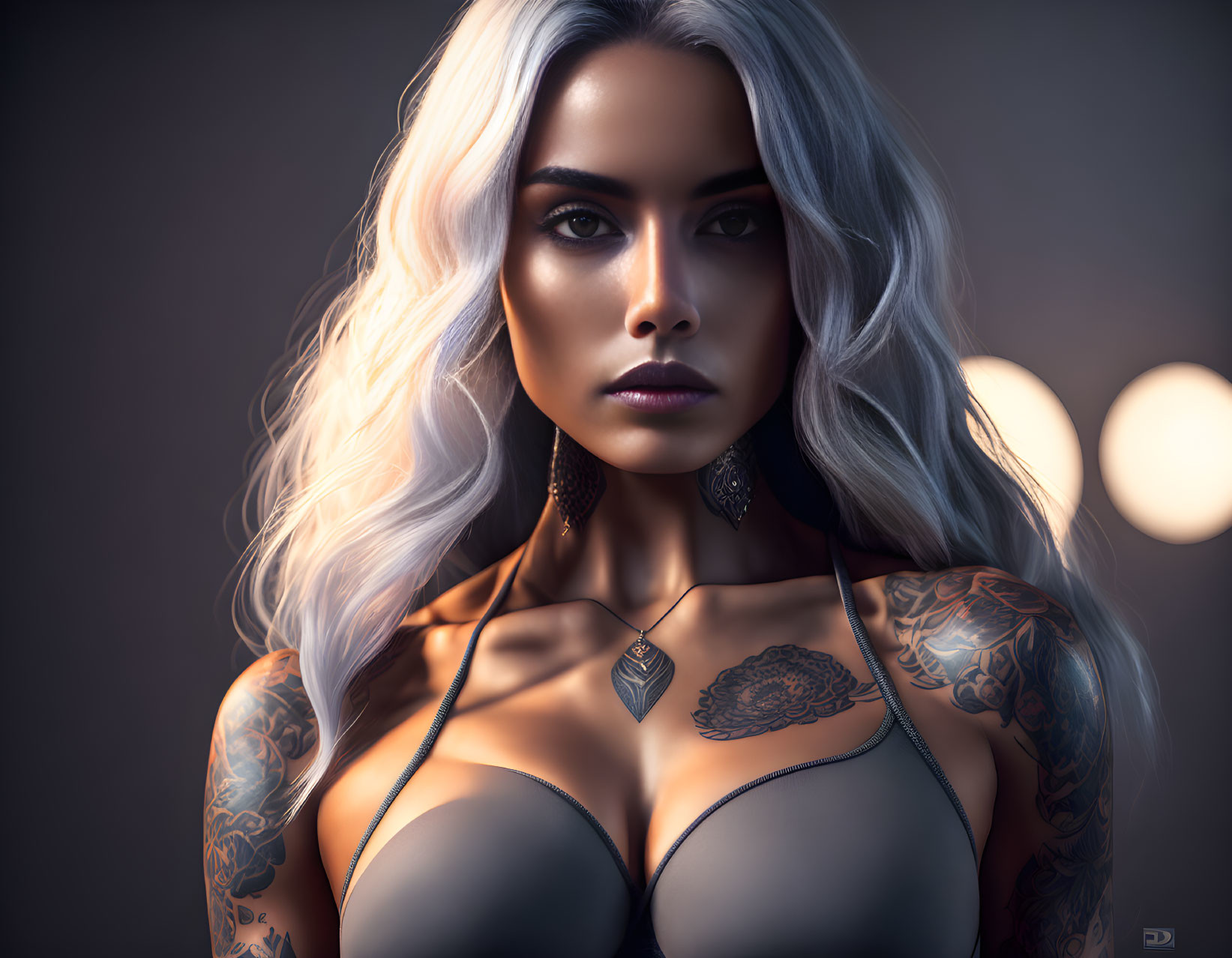 Portrait of woman with striking eyes, long white hair, tattoos, dark top, ornate jewelry