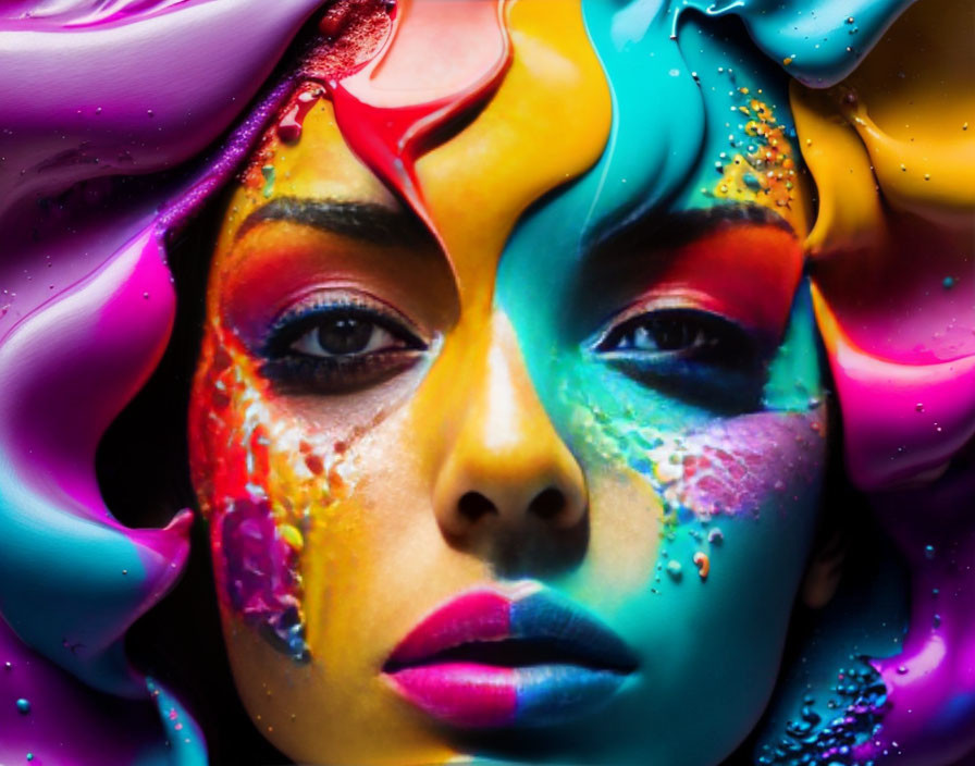 Multicolored liquid paint transforms woman's face into abstract art