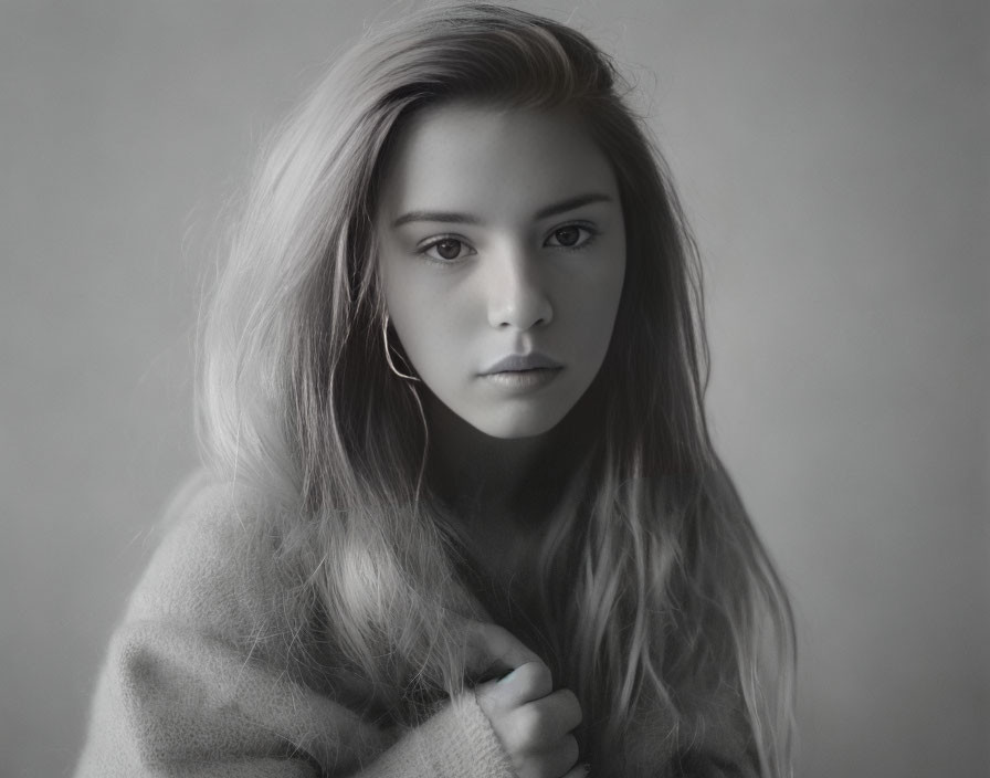 Monochrome portrait of young woman in cozy sweater, with flowing hair, exudes contemplative mood