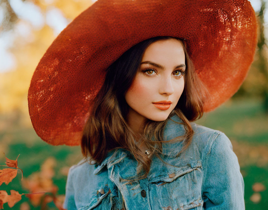 Woman in Red Hat and Denim Jacket Surrounded by Autumn Leaves