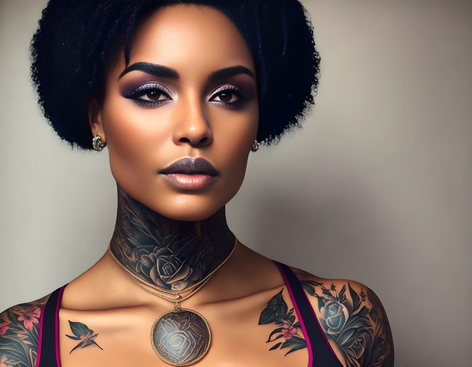 Portrait of woman with tattoos, medallion necklace, and make-up on neutral background