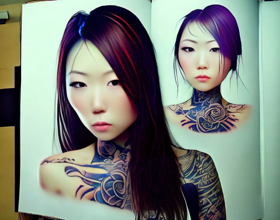 Elaborate tattooed woman in dual portrait poses on magazine page