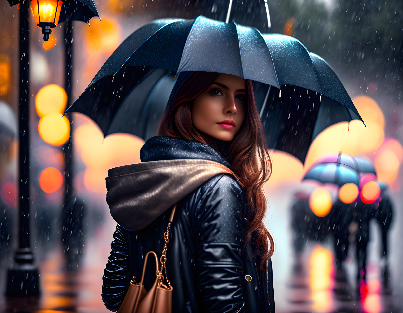 Woman holding umbrella in rainy evening with glowing street lamps and city lights.