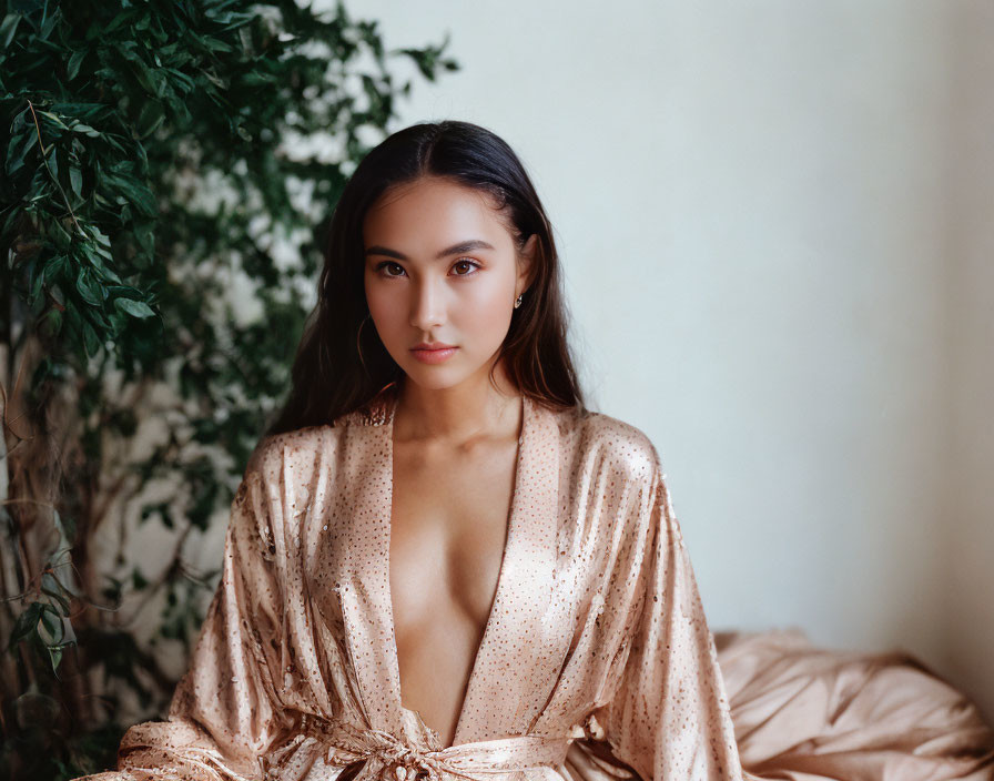 Serene woman in shimmering beige robe by green plant