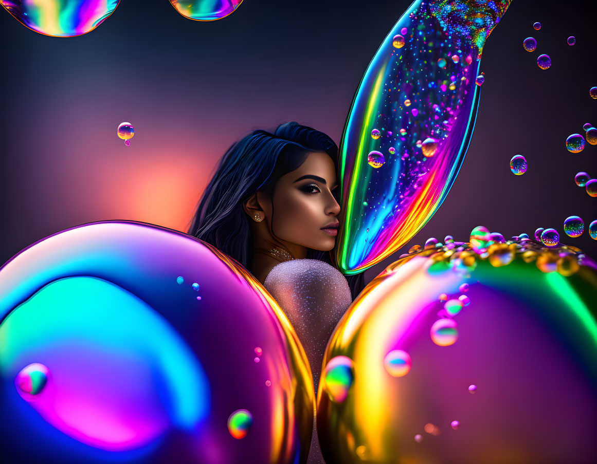 Vibrant woman profile with iridescent soap bubbles in dark setting