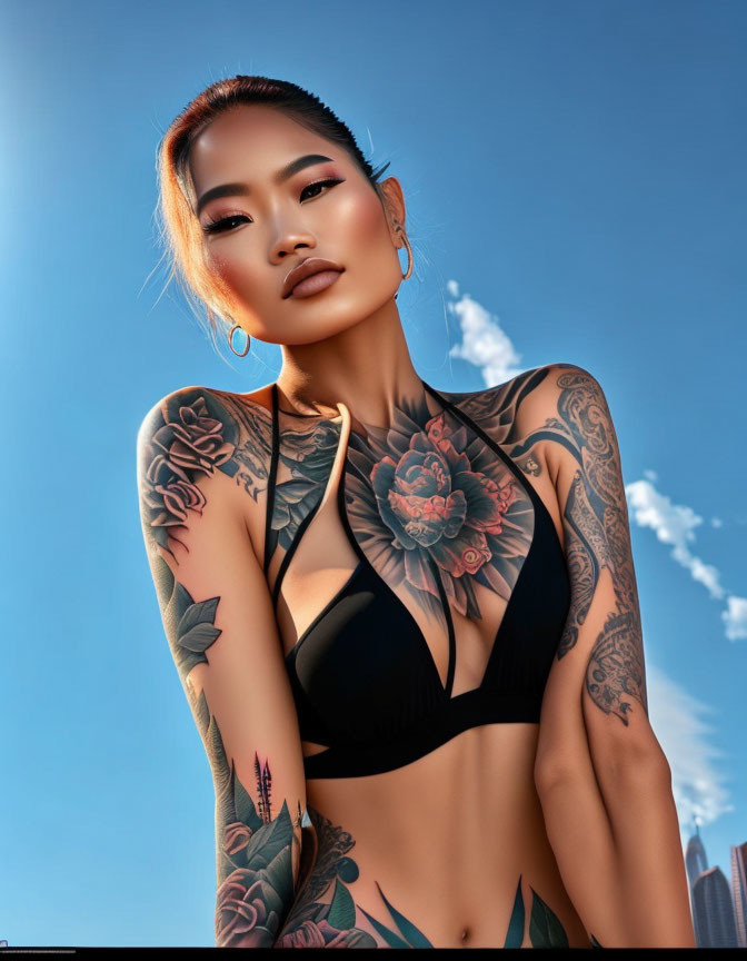 Tattooed woman in black top against blue sky