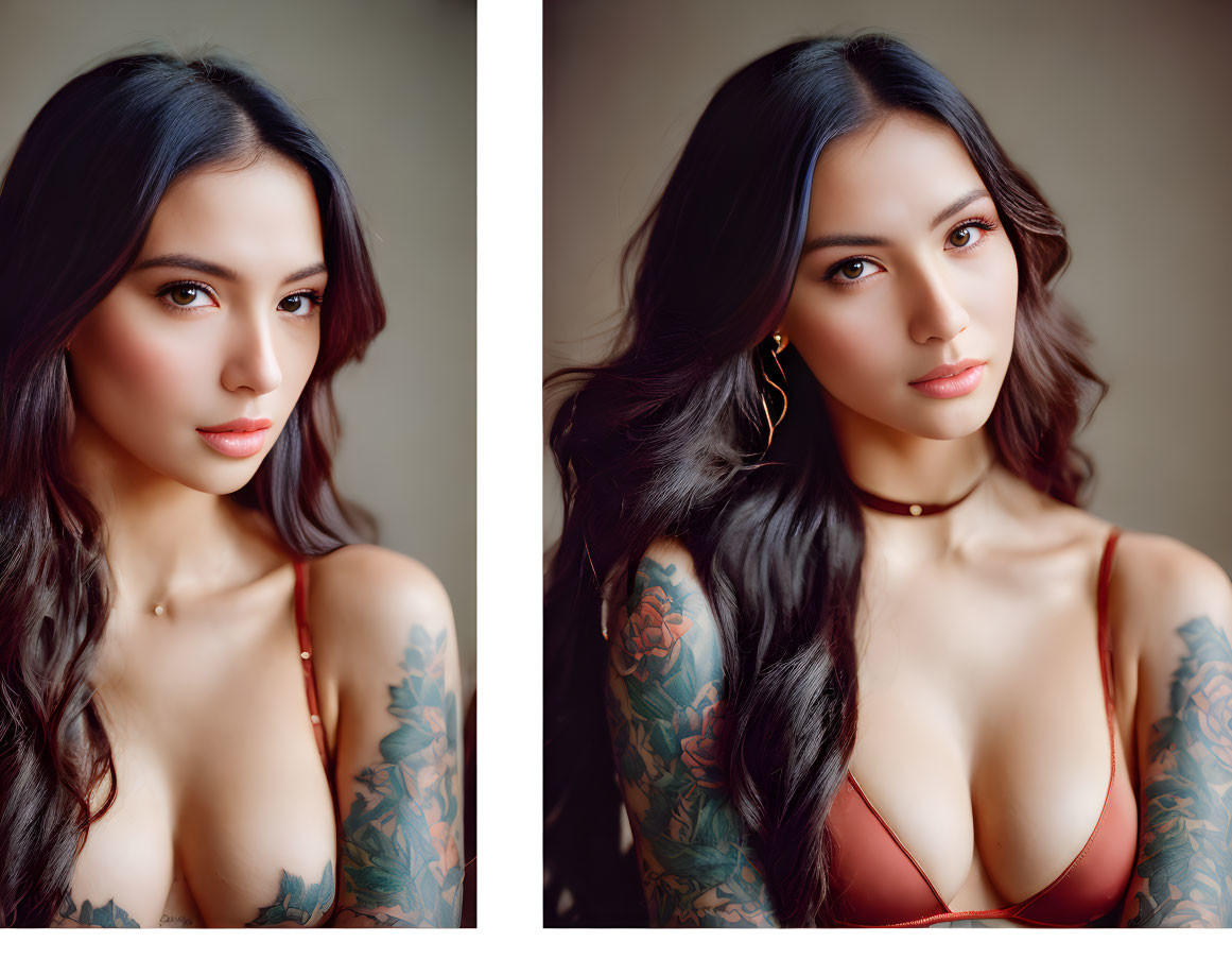 Portrait of Woman with Long Dark Hair and Tattoos in Red Top: Two Similar Images with Subtle