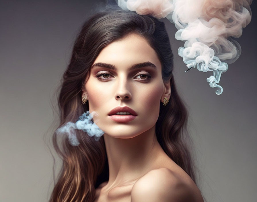 Surreal portrait of a woman with smoky effects and sharp gaze