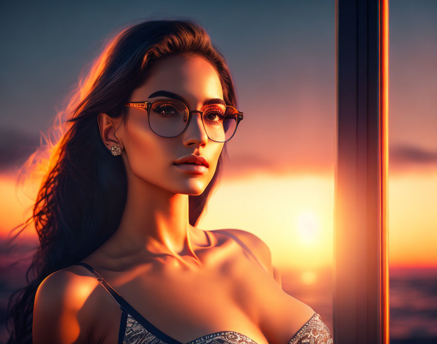 Woman with glasses and earrings gazing at warm sunset