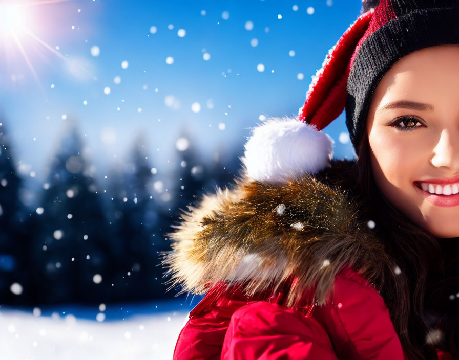 Smiling person in winter attire in snowy landscape with sun and trees