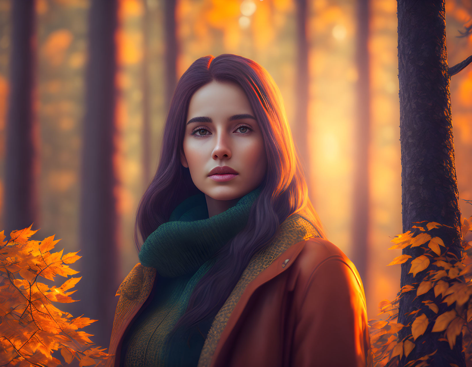 Woman in brown coat and green scarf among autumn trees with orange leaves in warm sunlight