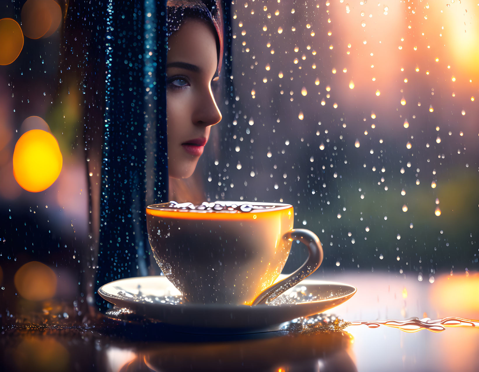 Woman's face blends with coffee cup amid bokeh lights and raindrops