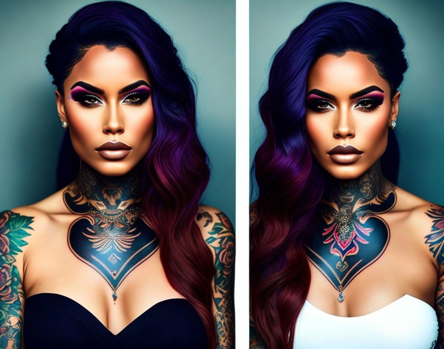 Tattooed Woman with Purple Ombre Hair and Bold Makeup portraits