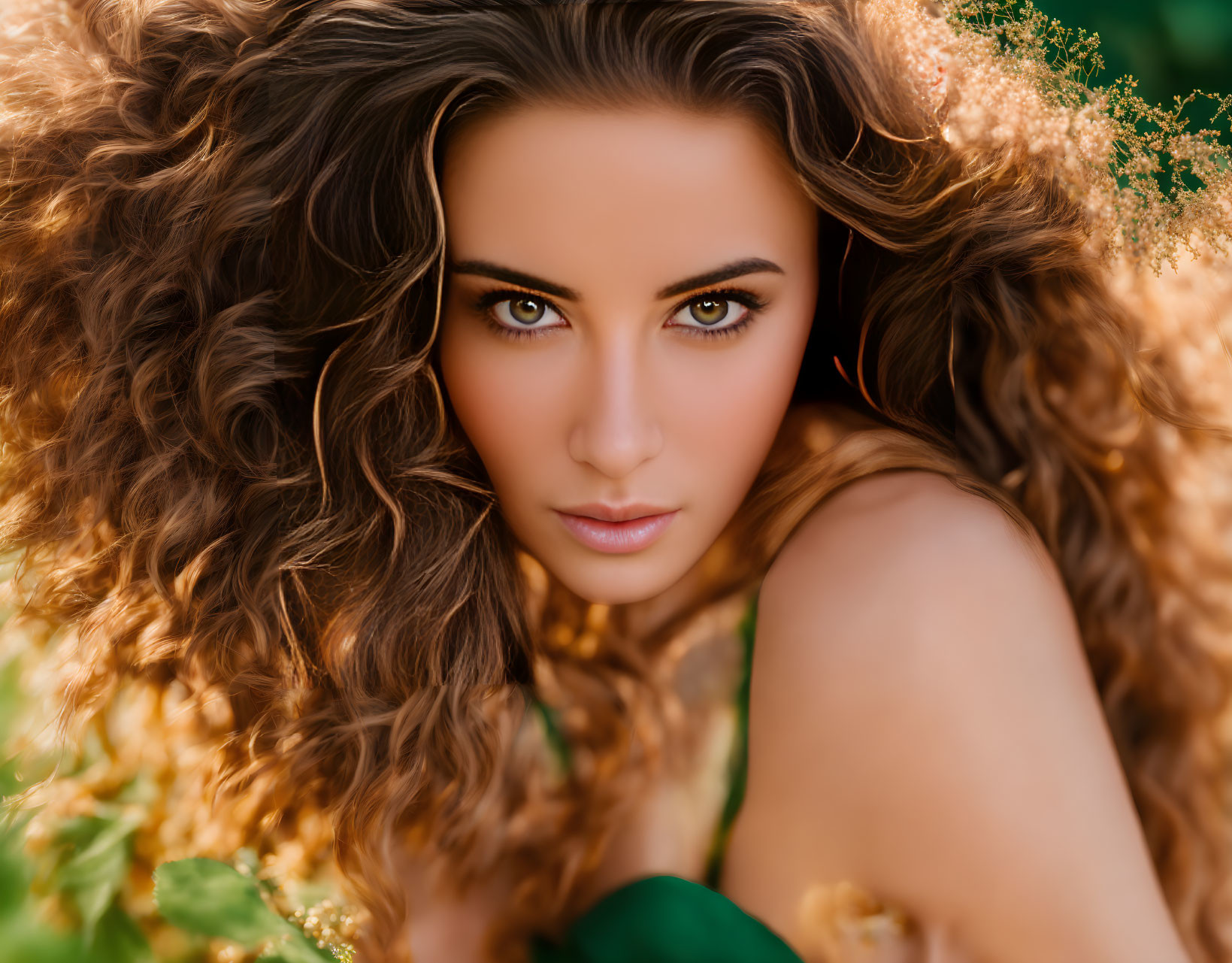 Woman with Voluminous Curly Hair and Green Eyes in Lush Greenery