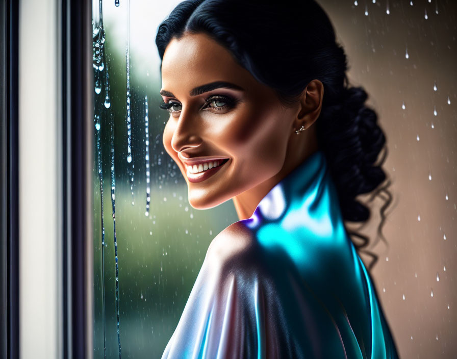 Woman smiling at raindrop-covered window with satin shawl in light