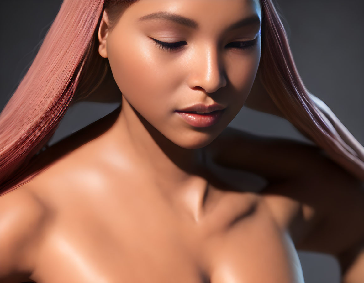 Pink-haired woman with bare shoulders under soft lighting