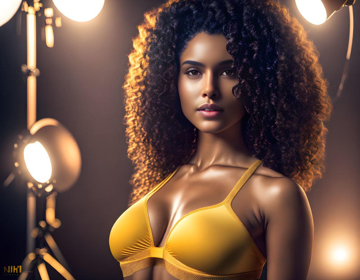 Intense gaze of woman with voluminous curly hair in yellow top.