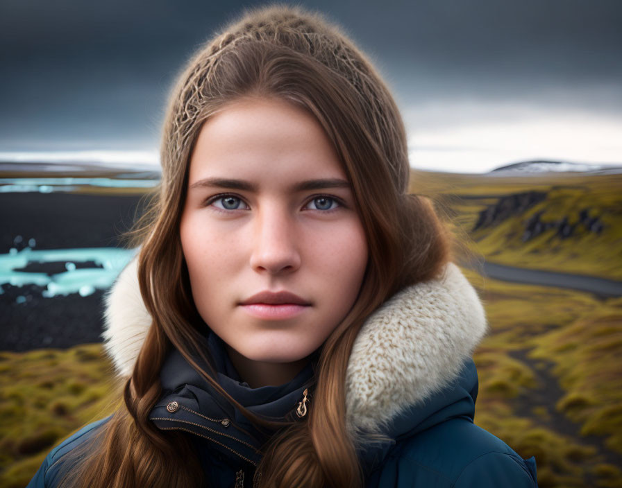 Young woman in winter coat with fur-lined hood against cloudy sky and dark terrain