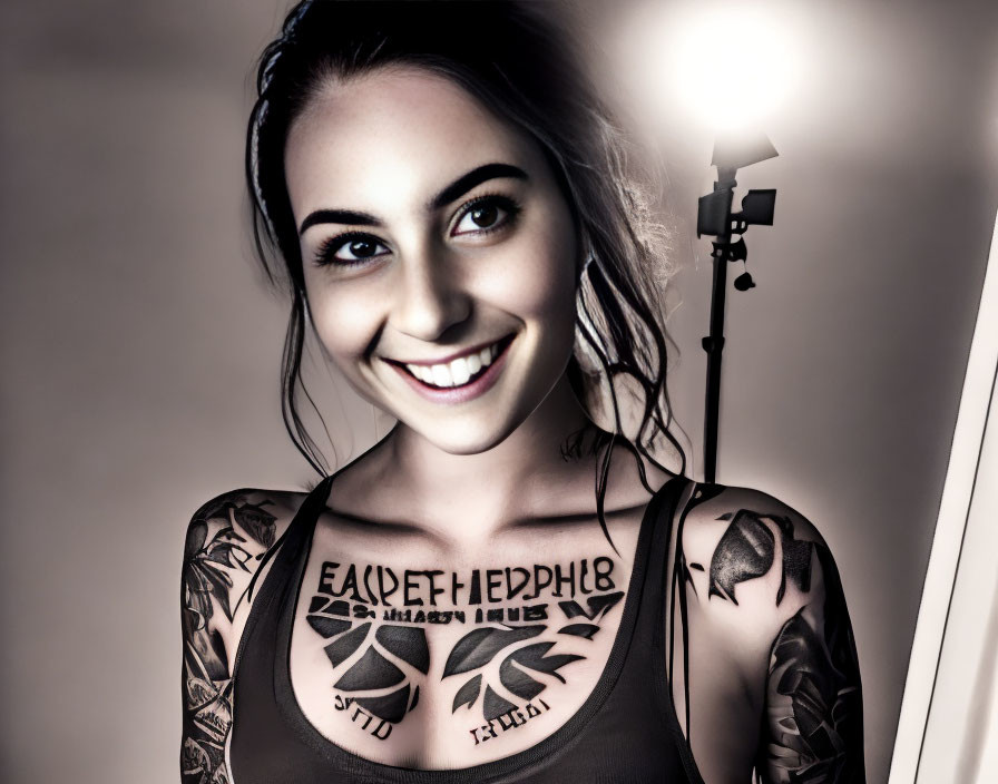 Smiling woman with dark hair and tattoos in soft light